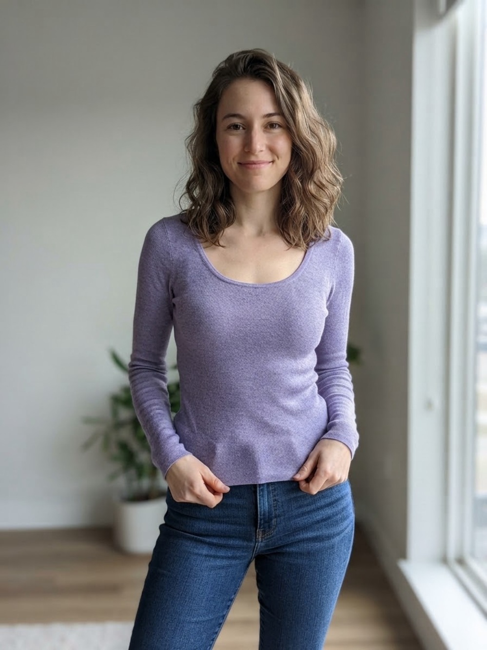 Wool Scoop Neck Long Sleeve Tee in Lavender